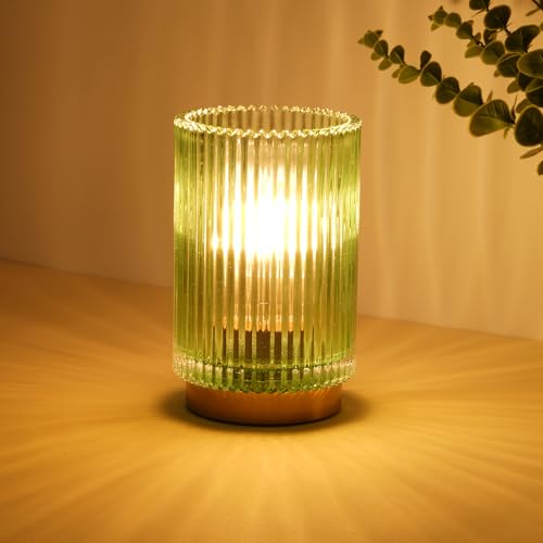Mirasium Battery Operated Lamp, Cordless Table Lamp with Timer, Desk Bedside Lamps with LED Warm Light, Glass Small Table Lamp for Bedroom, Bathroom, Living Room, Home Decor - Green