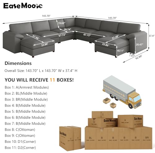 Image of EASE MOOSE Oversized U Shaped Couch,Modular Sectional Convertible Sofa with Wide Deep,Extra Large Faux Leather Scratch Resistant Modern Couch for Big Spaces,Grey