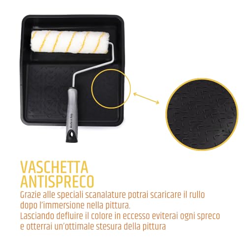 PENNELLIFICIO 2000 | Professionelles Malset bestehend aus Roller, Kunststoffwanne, Holzpinsel, Abdeckband aus Papier, Set geeignet für Glatte und wenig raue Wände