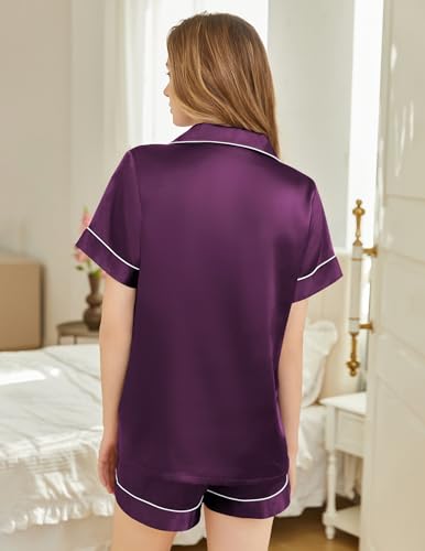 Image of Silk Pajamas for Women Short Sleeve Sleepwear Soft Button Down Loungewear 2 Piece Satin Pjs Shorts Set S-XXL