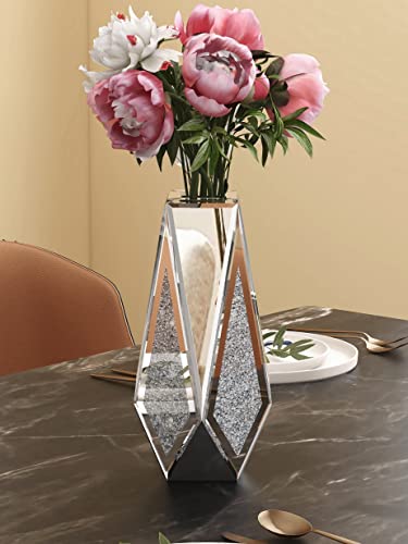 Shyfoy Crushed Diamond Flower Mirror Vase Silver Crystal Glass Vase Mirrored Decorative Flower Vases For Living Room Home Decor, 12" H, Can’t Hold Water #TOP6