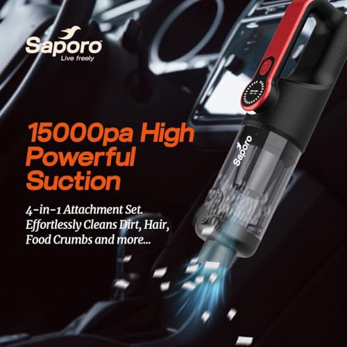 Image of SAPORO Neo Portable Car & Home Vacuum Cleaner, 15kPa Powerful Suction, BLDC Brushless Motor, 6000mAh Rechargeable Battery, Dual HEPA Filter, 4-in-1 Vacuum & Air Blower, 7 Attachments with Storage Bag