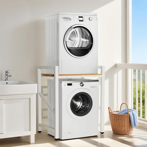 Meuble machine à Laver et seche linge, 3 Hauteurs Réglables, Superposition Lave Linge Seche Linge, Capacité Charge 300kg pour Buanderie Salon Salle De Bain...