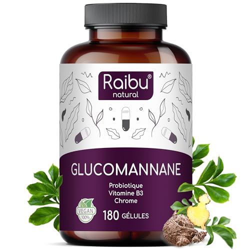Glucomannane Konjac Pur, 4100mg par Jour, 180 gélules - Pure 95% de Fibre Konjac, avec Probiotique, Chrome et Vitamine B3 - Haute viscosité, haute satiété, Raibu