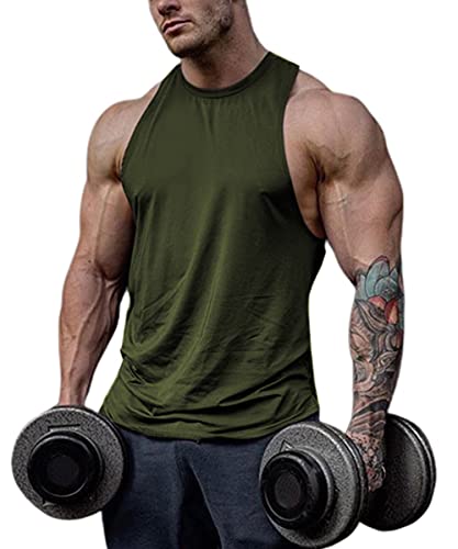 Men's Cotton Workout Tank Tops Dry Fit Gym Bodybuilding Training Fitness Sleeveless Muscle T Shirts B-Green #TOP4