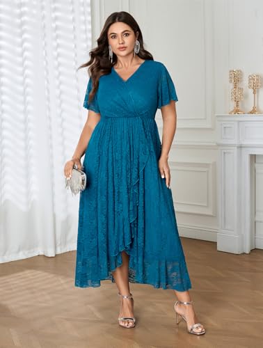 Image of SCOMCHIC Womens Plus Size Wedding Guest Dress Formal Lace Wrap V Neck High Low Short Sleeve Cocktail Maxi Dresses XL-4XL