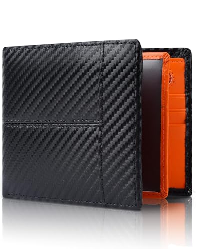 Image of Swallowmall Wallet for Men RFID Blocking Genuine Leather Mens Wallets Bifold with 1 ID Window 15 Card Slots black stripe orange