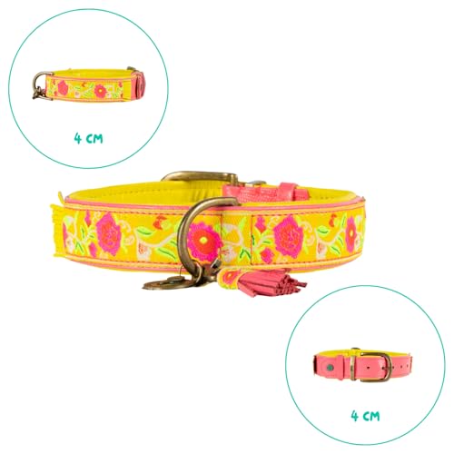 Dog with a Mission - Hundehalsband L | Lotus | Leder Rosa, blau, gelb | Hübsch, Boho, Hippie | Große Hunde | Handgemacht | Modisch und Bunt | Aus weichem Echtes Leder | Luxe | 2,5 cm Breit