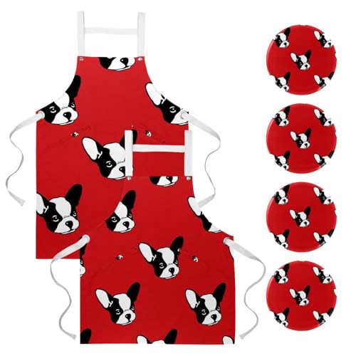 Tablier de serveuse bouledogue français rouge pour bistrot et restaurant
