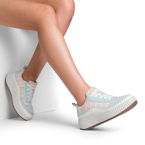 DREAM PAIRS Women Chunky City Tweed Comfortable Casual Platform Fashion Sneaker,Size 9,Blue/Rainbow-Knit,SDFN2379W