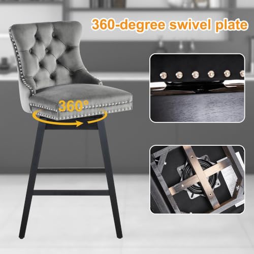 Image of Grey Swivel Bar Stools, Velvet Counter Height Bar Stools Set of 4 | 360 Swivel Bar Chairs, Solid Wood Legs, Upholstered Kitchen Island Stools, Modern Extra Wide Seat (Grey, 30 inch H, 4 Pack)