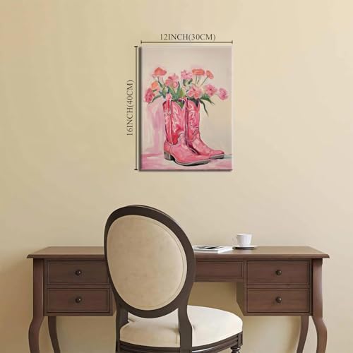 Image of Julaydi Floral Cowgirl Boots Wall Art Pink Cowboy Boots with Flower Painting Western Aesthetic Canvas Prints Poster Trendy Preppy Girls Room Decor Picture for Living Room Bedroom Dorm 12x16in Framed