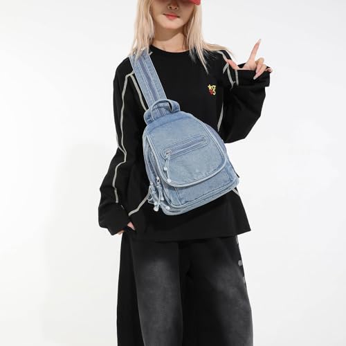 Teclado Denim Backpack Small Casual Bookbags Travel Daypacks (Light Blue)3