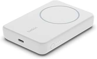 – Belkin 5000mAh Magnetic Wireless Power Bank, Portable Charger Compatible with MagSafe, Battery Pack with 7.5W Output, 10W Input and Kickstand, Compatible with iPhone 16, 15, 14, 13, 12 Series - White