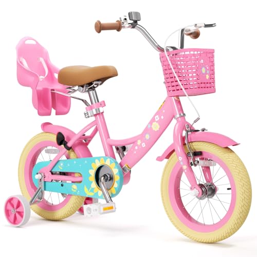Image of XJD Girls Bike for Toddlers 3-9 Years Old Kids, 12 14 16 Inch Kids Bike with Training Wheels, Streamers, Basket and Doll Seat