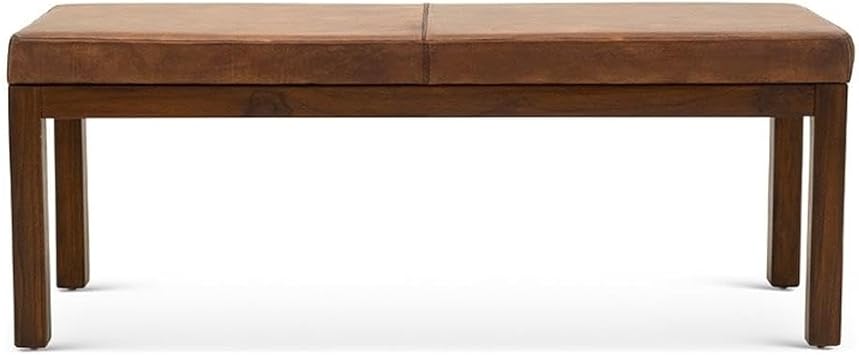 Allora Mid-Century Modern Bench, 51 in x 16 in, Stitched Genuine Leather Upholstered Seat, Cognac Tan, Solid Teak Wood Frame, Tapered Legs, Rectangular Accent Bench for Living Room, Bedroom, or