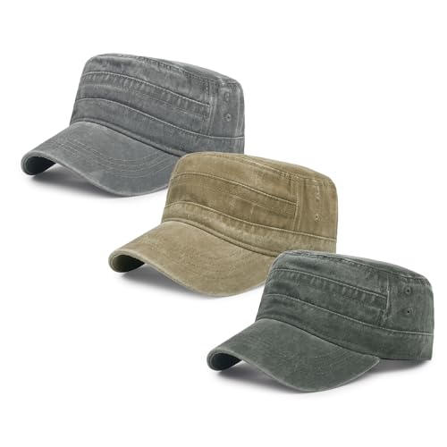Qlauca 3Pcs Cadet Military Hat Washed Cotton Adjustable Flat Cap for Men