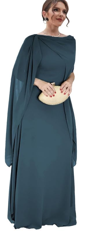 Women's Chiffon Long Mother of The Bride Dresses with Cape Scoop Neck Evening Formal Party Dress for Wedding4
