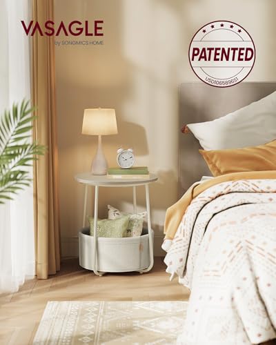 image for VASAGLE Small Round Side End Table, Modern Nightstand with Fabric Bask