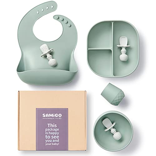 Image of SAMiGO Silicone Baby Feeding Set, Baby Led Weaning Supplies, Suction Plate, Bowl, Spoons, Food Bib, Cup, First Stage Self Eating Utensils, 6+ Months