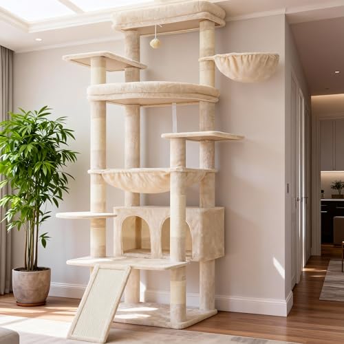 Image of Heybly Tall Cat Tree for Large Cat, 80-inch Multi-Level Cat Tower HCT038M | Condo Furniture for Indoor Cats with Large Baseboard, 2 Widened Plush Perches, Scratching Board, Big Caves, Beige