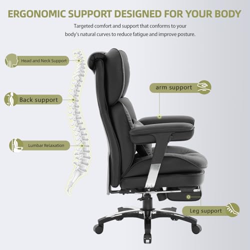 Efomao Ergonomiczny fotel biurowy z podnóżkiem, regulowany fotel gamingowy z poduszką lędźwiową i zagłówkiem, obrotowy fotel komputerowy z funkcją odchylania