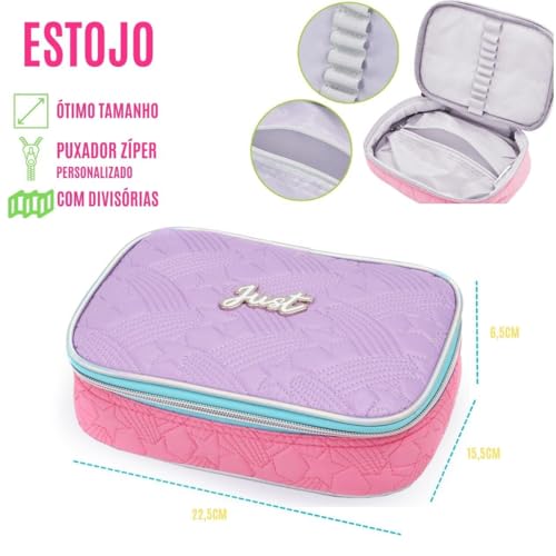 Kit Escolar para Meninas, Mochila com Rodinhas + Estojo com Divisórias + Lancheira Térmica com Alça