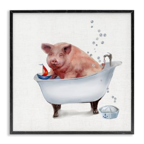 Farm Pig Bathtub Bubbles Sailors Hat, 17 x 17 Inch Framed Giclée Print
