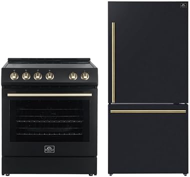 FORNO Espresso 2-Piece Kitchen Package 30" Electric Range & 31" Refrigerator in Black with Antique Brass and Stainless Handles, FBDL-003-02US