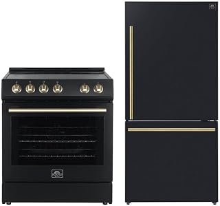 FORNO Espresso 2-Piece Kitchen Package – 30" Electric Range & 31" Refrigerator in Black with Antique Brass and Stainless Handles, FBDL-003-02US