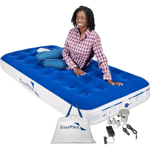Image of EnerPlex Camping Air Mattress with Built in Pump - Twin Blow Up Mattress for Travel Guests - Portable Bed for Adults and Kids - Blue Open Box