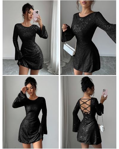 Image of Women Sparkle Sequins Mini Dress Sexy Tie Back Bodycon Dress Long Sleeve Shiny Evening Dresses Night Out Party Outfits