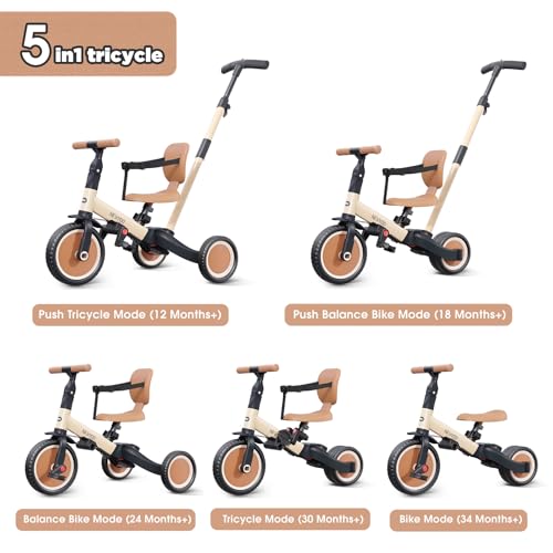 Image of newyoo Toddler Tricycle with Push Handle for 1-3 Year Old, Toddler Bike, Birthday Gift and Toy for Boys and Girls, 5 in 1 Kids Trike, Balance Bike with Backrest and Safety Belt, Khaki, TR007
