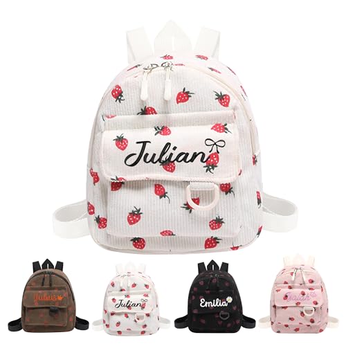 Pekdi Personalized Backpack with Embroidered Name Corduroy Backpack Monogram Strawberry Book Bag with Embroidery Pattern Lightweight Daypack Casual Travel Bag for Sports Dance Gym
