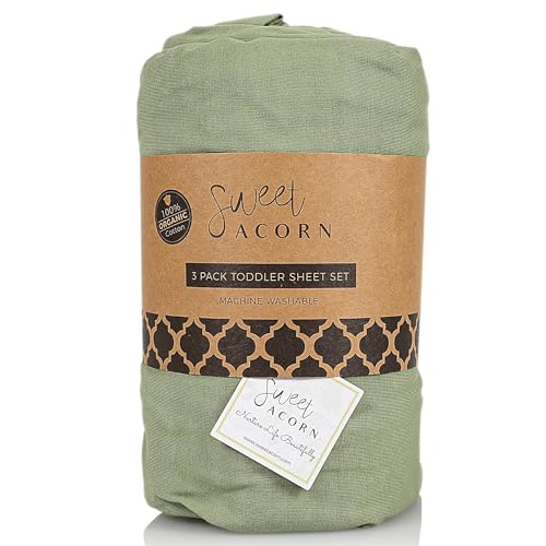 Sweet Acorn Juego de ropa de cama de 3 piezas para niños pequeños, punto de jersey de algodón orgánico, se adapta a cunas y colchones convertibles, 9 x 28 x 52 pulgadas, color verde enebro