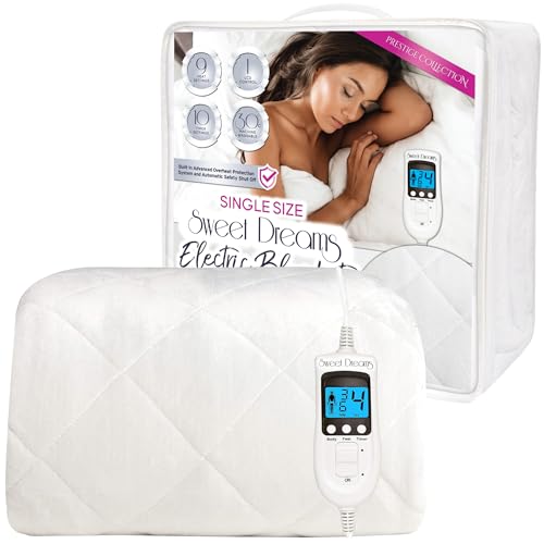 Sweet Dreams Electric Blanket Single Bed Size 200 x 107 x 40cm - Plush Fleece Quilted, Fitted, Washable, Heated Mattress Cover Underblanket,10 Timer & 9 Heat Settings, Overheat Protection