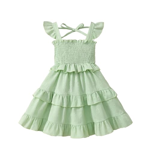 Toddler Girl Summer Dress Kids Ruffle Sleeve Floral Layered Dresses for Little Girls Smock Outfits Casual Beach Sundress (US Age 3 Years 4 Years Light Green)