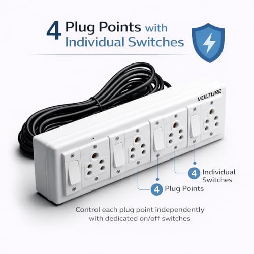 Image of VOLTURE Heavy Duty 4 Socket Extension Board with 4 Individual Switches | Spike Guard | 5 Meter Heavy Cable | High Load Multipurpose Junction Box for Home & Office Appliances