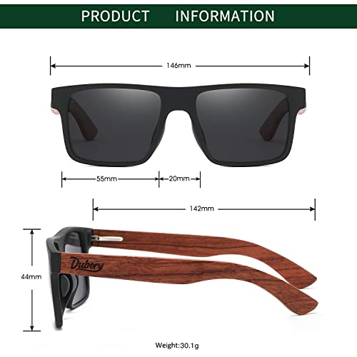 DUBERY Wood Frame Square Polarized Sunglasses for Men Women UV400 Protection Wooden Sun Glasses D8332
