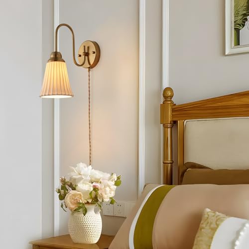 Image of Fetason Plug in Wall Sconces Set of 2, Modern Ceramic Gold Wall Sconce Light with Switch, Vintgae Bedside Wall Lamp Light Fixtures for Living Room Bedroom Kitchen Home Office Hallway
