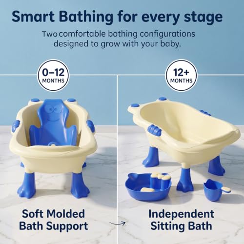 Image of StarAndDaisy Baby Bath Tub for 0 to 5 Years with Bathing Accessories Tray & Mug | Baby Bather for 0 to 2 Years | BPA Free Baby Bath tub for Kids 0-3 Years with 4-Leg Support (Cream-Blue, Bathtub with Legs)