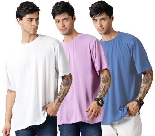 Image of RodZen Oversized Baggy Fit Half Sleeves Round Neck Solid Cotton Blend Combo T-Shirt for Men (Pack of 3)