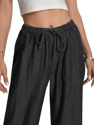 Image of TOPLOT Woman's Wide Leg Drawstring Trousers with Elastic Waist | Relaxed Fit Casual Pants with Pockets | Comfortable Everyday Wear for Travel and Office Wear (5251)