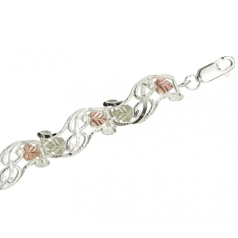 Rhodium-Plated Sterling Silver Leaf Link Bracelet with 12k Rose & Green Black Hills Gold Accents | Hand-Engraved Diamond-Cut Grape Leaf Design | Women’s Elegant Heritage Jewelry 7.25 Inches2
