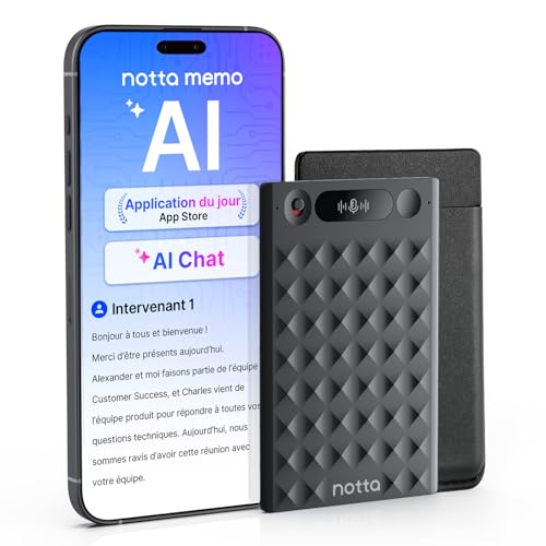 Enregistreur Vocal AI, Notta Memo Dictaphone Numérique avec Étui, Transcription & Résumé AI en 58 Langues, Mémoire 2000h, Enregistrement en Un Clic pour...
