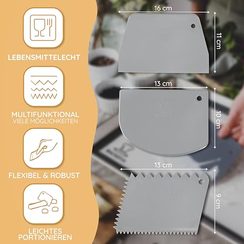 Foto von Backefix Teigschaber Set — 3 Teigkarten & Teigschneider mit gerader, runder, gezackter Karte — BPA-freies, flexibles Küchenwerkzeug zum Schaben, Formen, Glätten und Portionieren von Teig aller Art