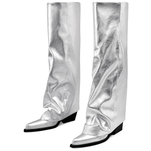 Image of Women's Fold Over Knee High Boots Wide Calf Chunky Heel Long Boots | Women Pointed Toe Tall Boots, Fashion Slouchy Boots, Side Zipper Shark Boots, Dress Tall Boots for Fall Spring Winter