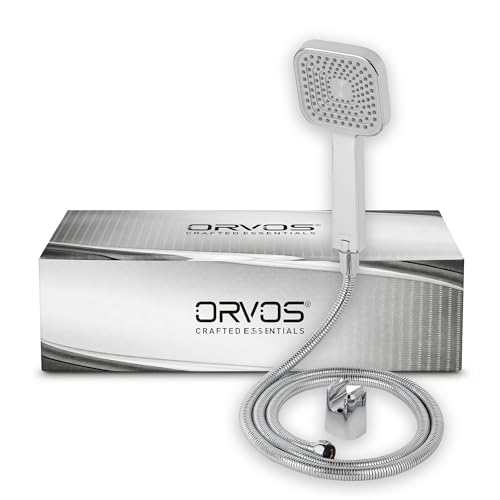 Image of Orvos Hand Shower Single Mode - Matrix, Square 4x4 inches, Chrome Plated With High Grade Korean ABS material from LG, Light Grey and Chrome Color,1.5 to 1.8 Meter Extendable Shower Hose and Wall Hook