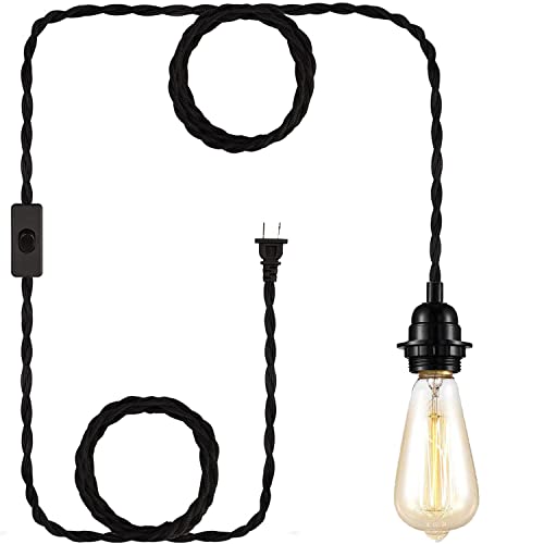 Diy 15Ft Plug In Black Pendant Light Cord - Industrial Vintage Ceiling Hanging Light Kit With Twisted Hemp Rope Switch Fabric Lamp Cord E26 Socket Set Edison Lighting Fixture Cable Farmhouse Kitchen #TOP1