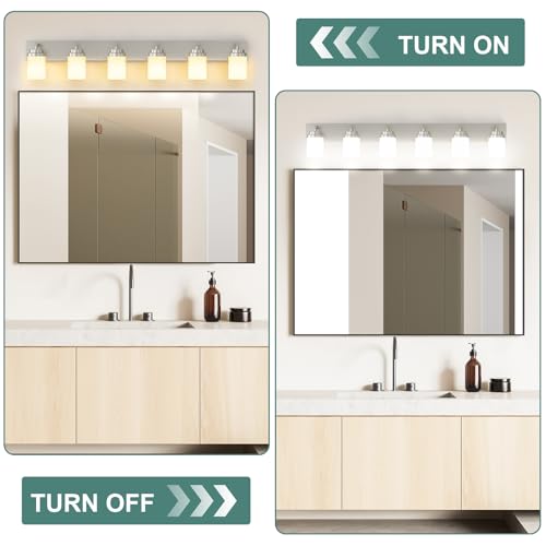 Image of IZORRO Bathroom Vanity Light Fixture, 6-Light 46 Inch Brushed Nickel Bathroom Light Fixtures Over Mirror, with White Glass Shade, Modern Farmhouse Vanity Lights, Rustic Restroom Lighting Fixtures
